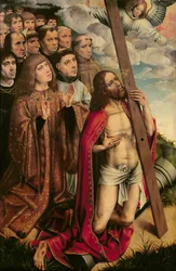 Cristo Mediatore con Filippo il Bello (1478-1506) e il suo seguito, pannello sinistro di un altare