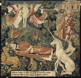 Unicorno. Da: La Tenture de saint Étienne. Scena 8: Il corpo del martire esposto alle bestie, c. 1500