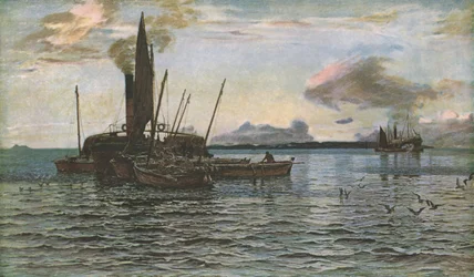 Il mercato delle aringhe in mare su Loch Fyne, Argyll, 1884, c1930