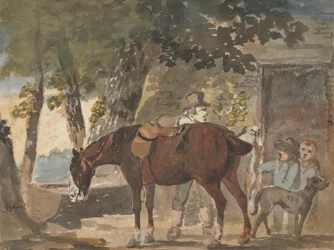 Un cavallo, un cane e figure fuori da un cottage