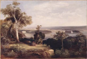 Paesaggio boscoso con una vista lontana di Sydney
