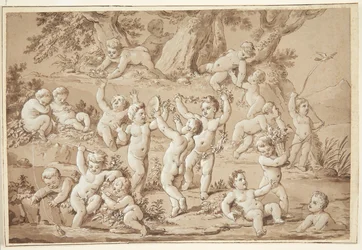 Un grande gruppo di putti che giocano contenti vicino a un ruscello
