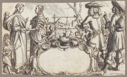 Allegoria della povertà e della ricchezza (penna e inchiostro marrone con lavaggio grigio su carta vergata)