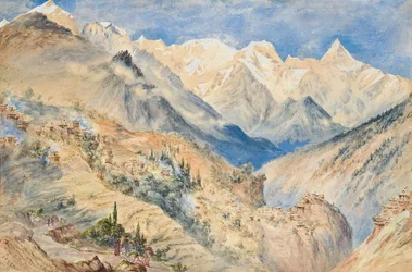 Le cime di Khylas e il villaggio di Pangi tre miglia sopra CHINE sul Sutledge