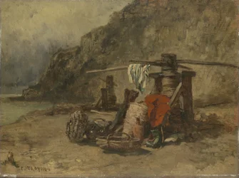 Scena di spiaggia con stand di mantelli