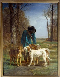 Cacciatore fermato dai suoi cani. Dipinto di Constant Troyon (1810-1865)
