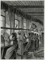 Un laboratorio femminile alla vetreria di Val Saint Lambert. Incisione di C.Meunier per illustrare il racconto “Il Belgio”, di Camille Lemonnier (1844-1913), scrittore e critico d