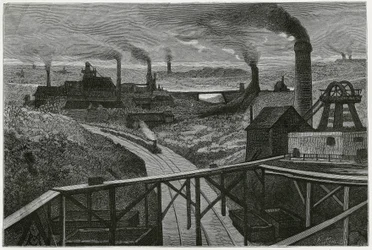 Estrazione del carbone e terrili (aspetti della contree boraine). Incisione di Constant Meunier, per illustrare la storia 
