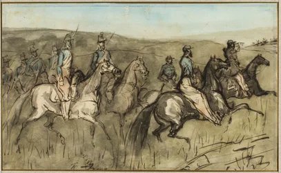 Esercizio di cavalleria in un prato