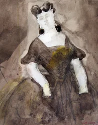 Studio di donna a mezzo busto, abito scollato, mani nelle tasche.