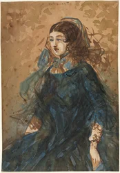 Donna in un vestito blu recto, Scena di accampamento di guerra verso