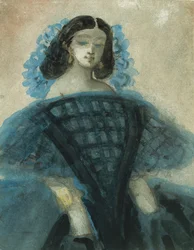 Giovane donna in un abito blu e nero, ca. 1863.