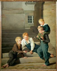 Ragazzi che giocano a dadi davanti al palazzo di Christiansborg a Copenaghen (dipinto su tela)