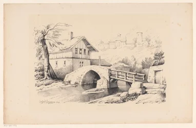 Ponte e casa in paesaggio collinare