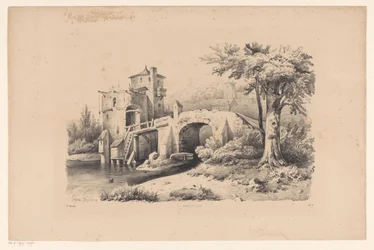 Paesaggio con ponte e torre di fortificazione