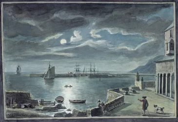 Il porto e il Cobb, Lyme Regis, Dorset, al chiaro di luna