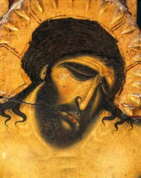 Volto di Gesù sofferente, (dettaglio) del Crocifisso di Coppo di Marcovaldo (ca 1220-dopo 1276)
