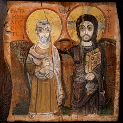 Arte copta: "Cristo e Abate Mena" San Mena (Minas, Mina, Mena, Mennas), martire egiziano del 3° secolo. Frammento di pittura su legno (tempera su fico) del 6° o 7° secolo Dim: 57x57cm. Dal sito di Baouit in Egitto