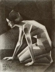 Donna accovacciata in stile geometrico