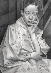 Ragazza in kimono pensierosa