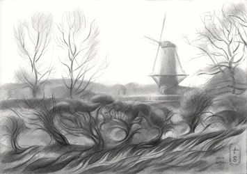 Disegno di un mulino a vento invernale