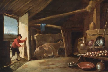 Interno di un fienile con una mucca che entra e una natura morta di ortaggi e vasi di rame (olio su tavola)