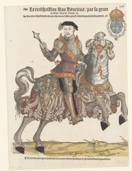 Ritratto di Enrico II di Francia in armatura a cavallo, verso destra
