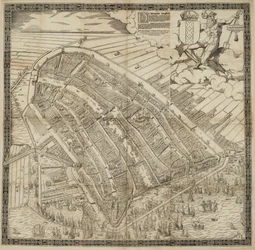Tedesco: Die berühmte Handelsstadt Amsterdam
Olandese: De vermaerde koopstadt van Amstelredam