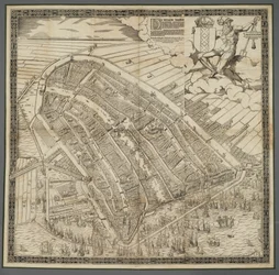Tedesco: Die berühmte Handelsstadt Amsterdam
Olandese: De vermaerde koopstadt van Amstelredam