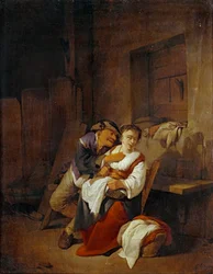 Uomo anziano che lotta con una giovane donna in un interno ...