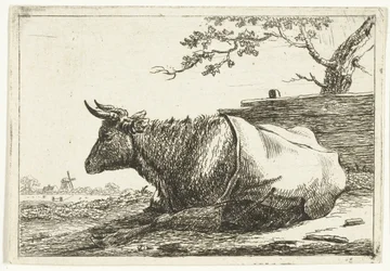 Paesaggio con mucca sdraiata con coperta sulla schiena