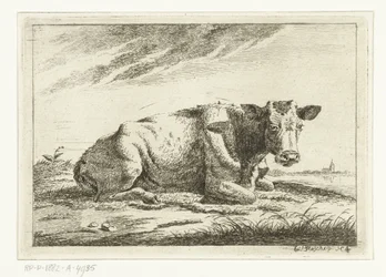 Paesaggio con mucca sdraiata senza corna