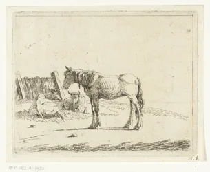 Paesaggio con cavallo e due mucche vicino a un cancello