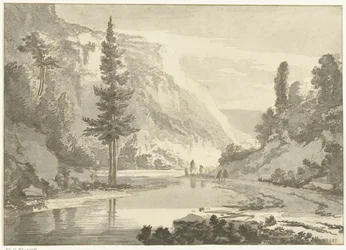 Paesaggio montano con pastori sulla riva di un fiume