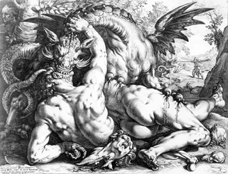 Drago che divora i compagni di Cadmo, inciso da Hendrik Goltzius, 1588