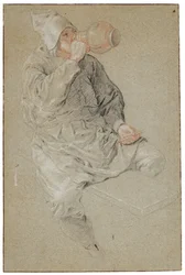 Uomo seduto che beve da un boccale di terracotta con in mano una pipa (gesso su carta)