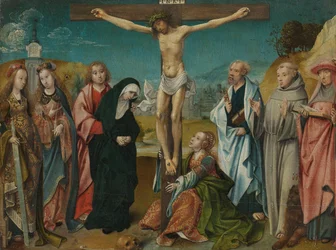 Cristo sulla croce, con Maria, Giovanni, Maria Maddalena e Sante Cecilia e Barbara (sinistra) e Pietro, Francesco e Girolamo (destra)