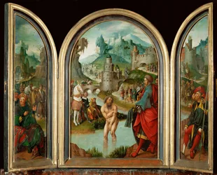 Il profeta Elisa guarisce il capitano siriano Naeman dalla lebbra nelle acque del fiume Giordano (dipinto su legno di quercia)