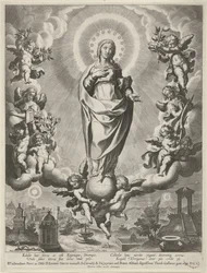 Maria su un globo, circondata da angeli