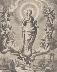 La Vergine in Gloria, in piedi sulle nuvole e circondata da angeli che tengono i simboli, 1595-1633