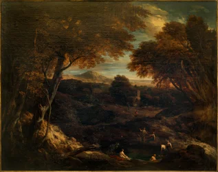 Ampio paesaggio classico con figure che fanno il bagno in primo piano