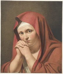 Donna in rosso, con le mani giunte