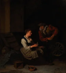 Un cavaliere e una donna alla ruota del filatoio, 1662