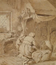 Salotto di una fattoria con contadino, culla e bambino, c.1654