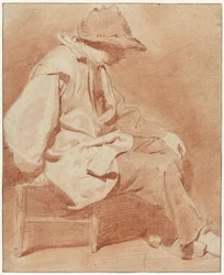 Uomo seduto con cappello, la mano sinistra sul ginocchio, rivolto a destra