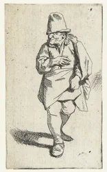 Uomo in piedi con cappello alto o berretto, mano destra sul petto