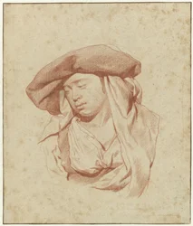 Studio di una donna, busto, leggermente girata a sinistra e guardando in basso
