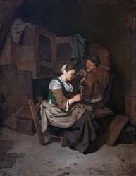 Donna con bicchiere di vino e due contadini maschi