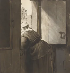 Una Donna Appoggiata alla Porta Inferiore, dopo Rembrandt van Rijn