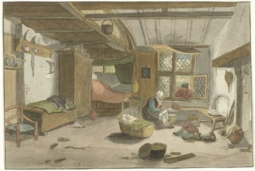 Interno con donna vicino alla culla